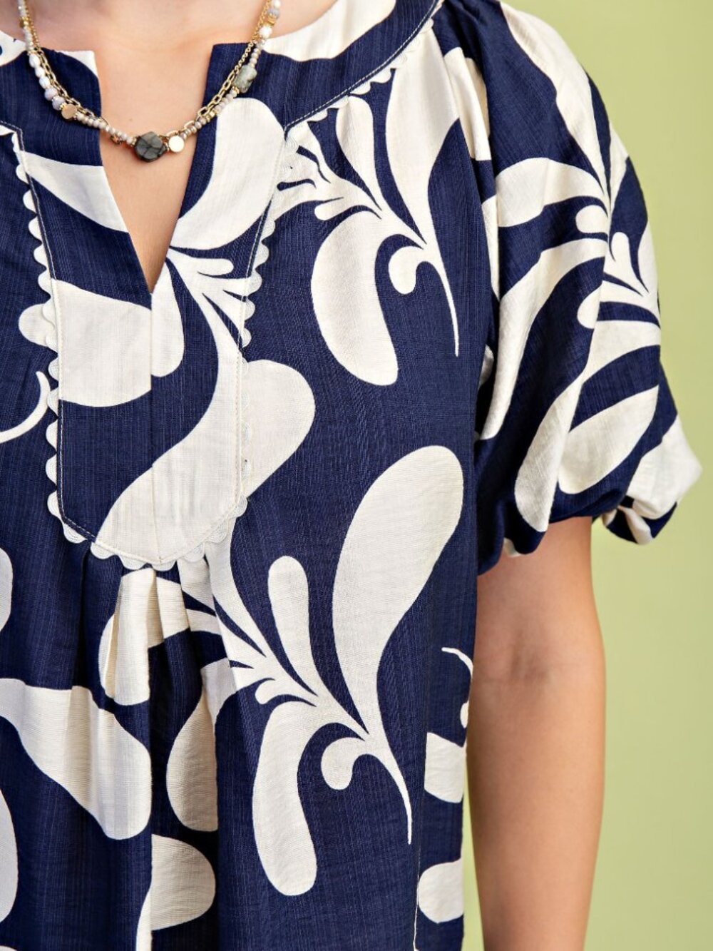 Printed Slit Neck Top with Short Balloon Sleeves and Ric-Rac Trim Details - Picture 9 of 9